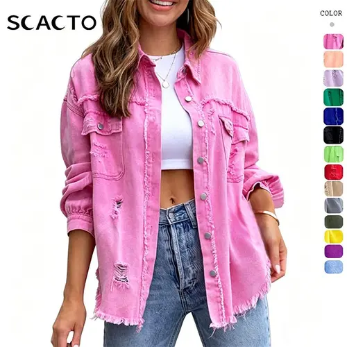 Scacto Women's Clothing Oversized Loose Cotton-Blend Shacket - Denim-Inspired Look, Collared Button-Up Longsleeve, Crop Fit, Raw Hem, Patch Pocket, Soft Casual Plain Layering Top, Polyester-Viscose, Orange, 2XL, Collared Neck,sohochic