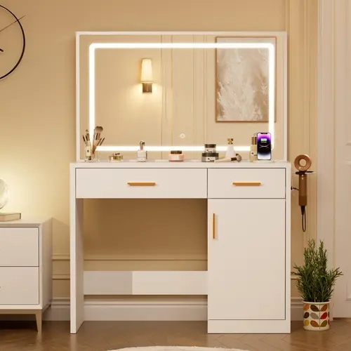 White High-Brightness Illuminated Multi-Light Makeup Vanity Desk, 35.4" Adjustable 3-Color LED Mirror, 2AC/USB/C Charging Station, Drawers, Large Cabinet & Dresser, High-Brightness Makeup Vanities, Multi-Light Makeup Vanities, Makeup Vanity With Lights, L