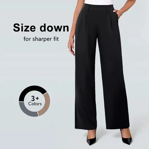 FireSwan Women's Stretchy Wide Leg Pants, High-Waisted Minimalist Trousers with Pockets for Office Business Casual Wear, Bottom, Lady, Work Pants, Pants For Women,clothes for back to school,first day of school outfits,sohochic