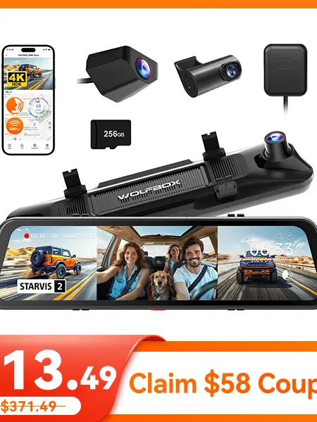 WOLFBOX G900 Tripro 4K Rear View Mirror Camera STARVIS 2 IMX678 3 Channel 4K+1080P+2.5K Front Inside Rear Dash Cam 5.8GHz WiFi Voice Control 256GB Card