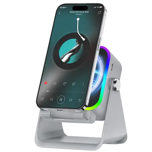5-in-1 Wireless Induction Audio & Bluetooth Speaker with Phone Holder, 3500mAh Rechargeable Emergency Power Bank, 8 RGB Ambient Light, 360° Adjustable Mobile Tablet Stand– Gifts for Friends, Family