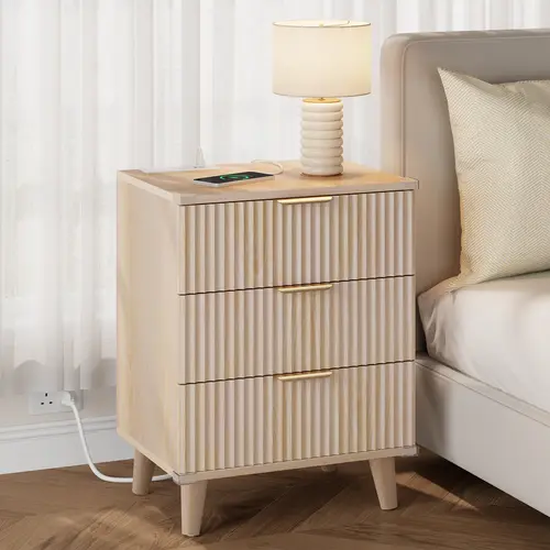 Aowos Fluted Nightstands for Bedroom, Modern Bedside Table with 3 Drawers & Charging Station, Fluted Panel End Tables for Bedroom & Living Room, Bedside Cabinet with USB Ports, Nightstand with Storage, Apartment Nightstand, Kids Bedside Table, tiktokshops
