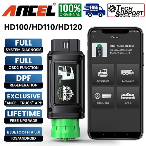 ANCEL HD100/HD110/HD120 Bluetooth Heavy Duty Truck All System Diagnostic Scanner |Forced DPF Regen (HD100 DPF for Cummins & Cat Engine) (HD110 DPF for Detroit & Paccar Engine)(HD120 DPF for Volvo & International Engine )| HDOBD/OBD2 9/16 Pin+Free Updates,