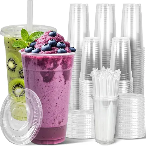50-Pack Ready Multi-Size Disposable To-Go Plastic Iced Coffee Cups Set - 12-32oz, See Drink Level, Includes Lid & Straw, for Smoothies, Coffee Bar Accessories