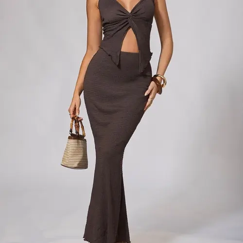 Women's Lightweight 2-Piece Vacation Set, Twist Front Halter Crop Top & Bodycon Maxi Skirt with Side Split, European Summer Resort & Night Out Going Out Clothes, 2 Piece Sets