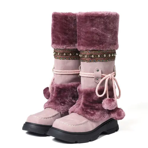 Women Mid Calf Boots Round Toe Chunky Block Heel Pull On Faux Fur Lined Lace Accented Plush Cozy Comfortable Party Dress Date Casual Outdoor Shopping Vacation Travel Fashion Snow Boots