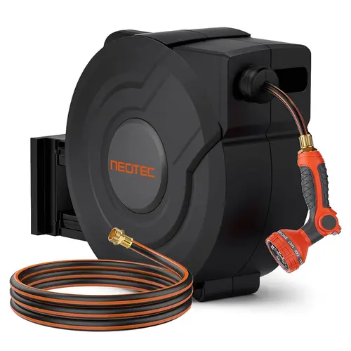 【toolupgrade】NEOTEC Retractable Garden Hose Reel 90ft/100ft/130ft, 6.5 FT lead hose - Wall Mounted ，Heavy Duty Hose Reel with 3/4 Inch Brass Fittings & 9-Pattern Nozzle - Auto Rewind System, Any Length Lock, 180° Swivel Bracket