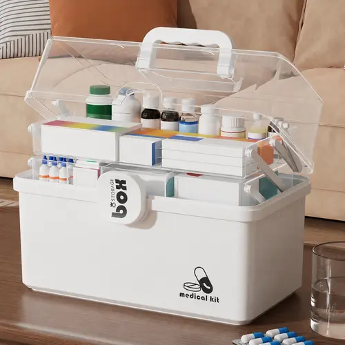 UFORU Modern 3-Tier Drug Cabinet with Sliding Rail, Handles, Light-Blocking Compartment, Buttoncap Protect - Large-Capacity for Meds Home Organizer Storage, Countertop Storage Organization First Aid Box