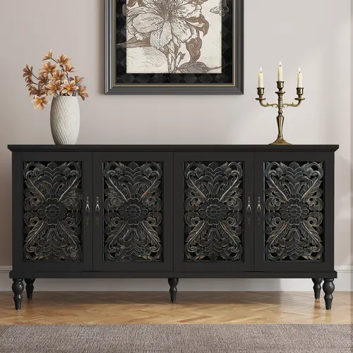 【summerwins】HLR Vintage Aesthetic Hollow Carved 4-Door Farmhouse Storage Cabinet - Sturdy, Safe, Durable Antique Sideboard Wood Cabinet Classic Floor Credenza with Ample Space, Easy Assembly, Space-Saving for Living Room, Dining Room, Wood Cabinets summe