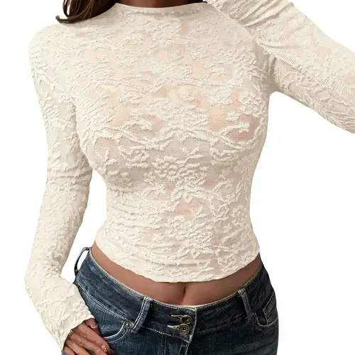 BTFBM Mesh Long Sleeve Tops for Women Lace Sexy Sheer Tight See Through Crew Neck Spring Fall 2026 Party Club Outfits