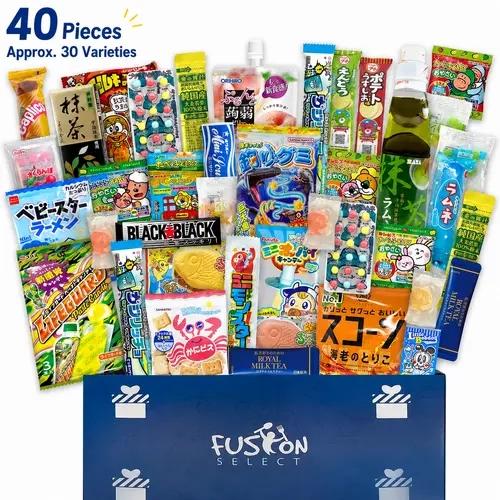 Fusion Select 40 Japanese Snack Box Gift Basket - Assorted Dagashi Box from Japan with Bubble Gum, Peach Juice, Fish-Shaped Wafer, Potato Crisps, Animal-Shaped Biscuits, Corn Chips, Gummies