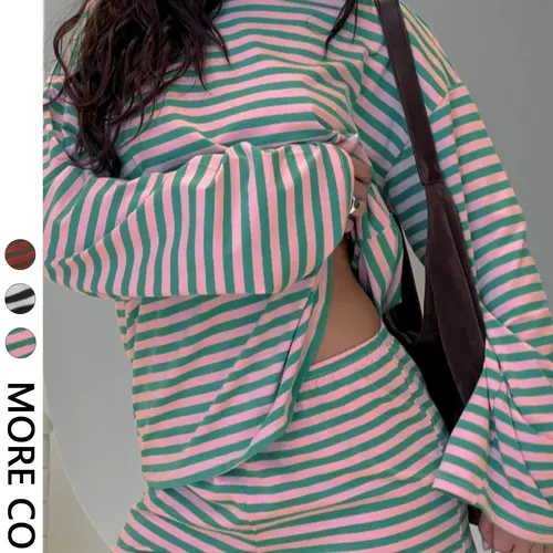 Valentine's Day Women's Casual Striped Long Sleeve Top & Shorts Set, Summer Matching Set, Loose Fit, All Season, Comfortable Travel Clothing for Daily Wear