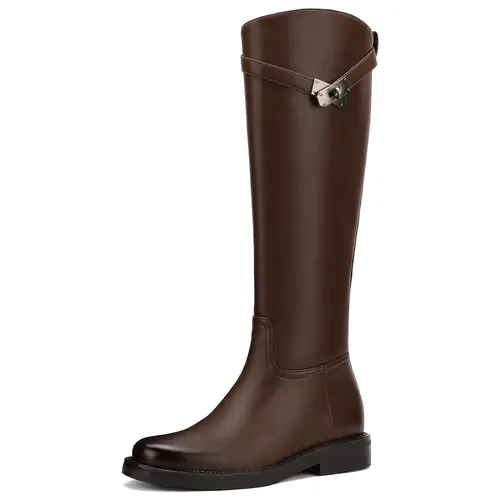 ReneChristine Women's Wide Calf Knee-High Boots - Round Toe, Pull-On, Metallic Buckles, 1.18" Chunky Block Heels, Synthetic Vegan Leather, Biker Look Vintage Riding Shoes, Casual Walking Shoes,sohochic