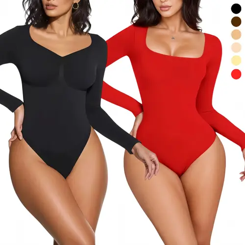 Women's Slim Fit Long Sleeve Seamless Thong Bodysuit Shapewear - Basic Solid Elastane Top with Tummy Control, Body Contouring, Square/V-Neck, Button Detail, Winter Layering Piece for Work