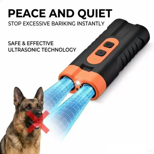 Humane & Safe Ultrasonic Dog Barking Deterrent Training Tool - USB-Rechargeable, Dual Emitters, 50ft Range, 25KHz Frequency, Flashlight, Portable Grip, Wrist Strap, Accessory Kit, 2-in-1 for Indoor & Outdoor Training, Safe Behavior Correction