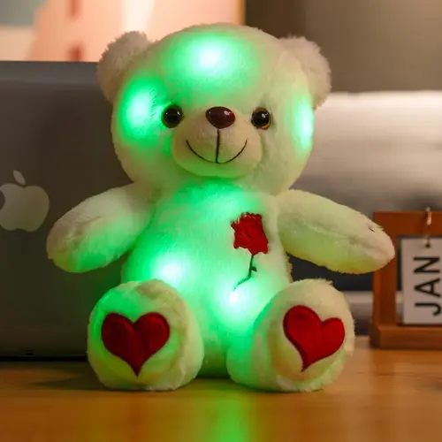 Glow-in-Dark Teddy Bear Plush, Romantic Teddy Bear, Glowing Bear, Light-Up LED Toy with Heart and Rose Lights, Soft and Cuddly, Warm White & Colorful Lights Valentine's Day, Birthday, Anniversary Gift for Kids & Adults (White/Red)