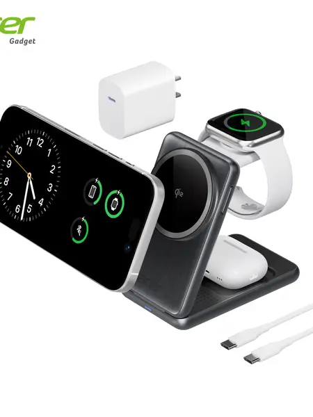 Acer S3 3 in 1 Wireless Charging Station, MagSafe Charger Stand Compatible, Qi2 15W Certified Palm-Sized Foldable Charger for iPhone 17/16, Apple Watch, AirPods (Non-Battery, Adapter Included) summerwins,back to school tiktokshopbacktoschool Grey