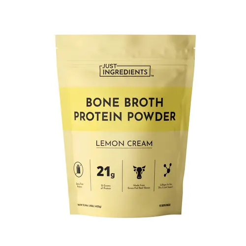 Just Ingredients Lemon Cream Bone Broth Protein - 15 Servings - 21g of Grass-Fed Protein per Serving - Grass-Fed Beef Bone Broth & Grass-Fed Collagen - Dairy-Free - Collagen for Gut, Skin & Joint Support - Made with Real Food Ingredients