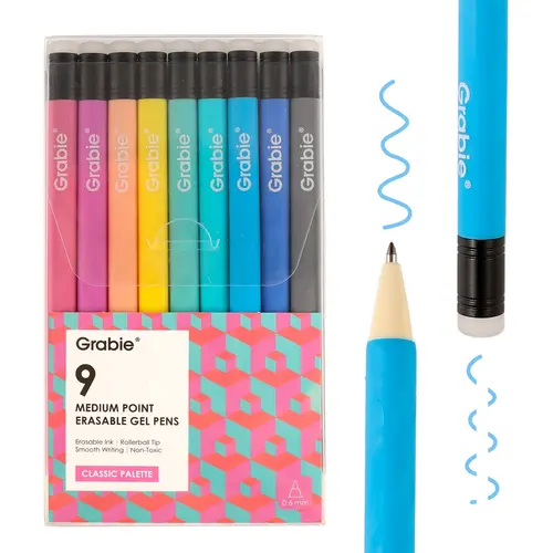 Grabie 9-Piece Medium Point (0.7mm) Erasable Gel Pen Set - Colored Pens for Note Taking, Stationery Supplies, College Supplies, Smooth Writing Ink, Back to School Haul Gift, Office Accessories, College School Supplies