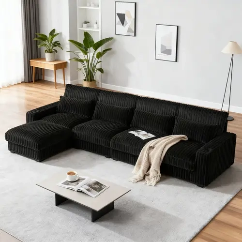 Niccae Large L-Shaped Corduroy Upholstered Sofa - 126" Seating, USB Ports, Cup Holder, Footrest That Fits, 4 Back & Waist Pillows, Sturdy Solid Wood Frame, Polyurethane Foam, Multi-Position Living Room Furniture (3 Packages Delivery),sohochic