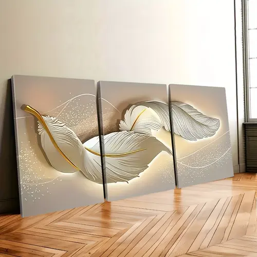 Artistic 3-Piece Fashion Abstract Pattern Print Feather Star Modern Wall Art Set, High-Definition Pine Wood Framed Canvas Posters, Hangable Ready-to-Hang Home Decor for Indoor Use