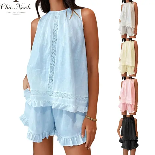 Women's Summer Shorts Outfit Loose Fit Stylish Solid Ruffled Trim Sleeveless Tops and Shorts 2 Pcs Set
