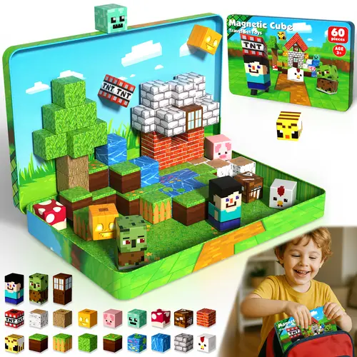 Mini Magnetic Blocks with Iron Box, 60 PCS Travel Magnetic Building Blocks, STEM Educational Building Set Construction Toys for Kids Ages 3+, Building Toys for Toddlers Boys & Girls Birthday Gift