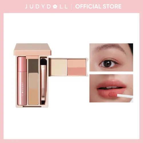 JUDYDOLL Mini Travel Makeup Palette - 7-in-1 Multifunctional Compact with Lipstick, Eyeshadow, Contour, Highlighter, Blush, Brow Powder, Concealer, Clay Formula, Smooth Blendable, Brush-Compatible, Portable, Buildable Natural Finish