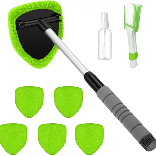 【toolupgrade】9PCS Car Window Cleaner Kit Extendable Handle Windshield Cleaning Tool with 6 Reusable Microfiber Pads with Air Vent Brush & Empty Spray Bottle