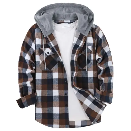 ZITY Men's Checkered Flannel Button-Front Hooded Jacket - Preppy Regular-Fit Long-Sleeve Top with Drawstring Hood, Pockets for Spring & Fall, Hooded Hood,sohochic