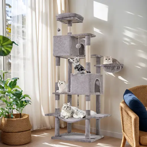 Sweetcrispy Modern Multi-Level Plush Cat Climbing Shelf with Hanging Basket, Washable Hammock, Pompoms, Memory Foam, Durable Sisal Posts Resist Wear, Space-Saving Stable Kitty Play & Sleep Condo for Indoor Cats, Wide Base Helps Prevent Tipping