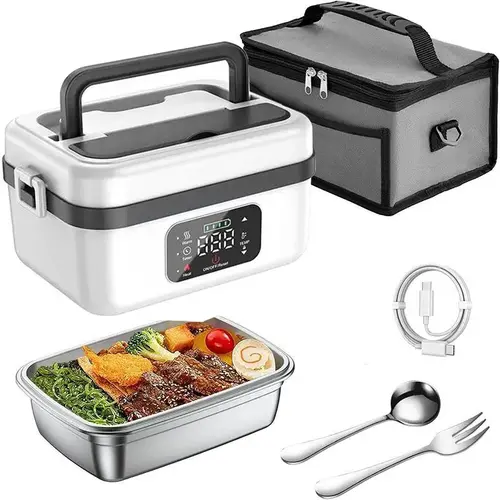Cordless Rechargeable Heated Lunch Box Set - Leak-Proof, Nontoxic 304 Stainless Steel Insulated Container with Silicone Tableware, Automatic Heating, Lid, Portable Compact Design for Office, Camping, Lunch at Work
