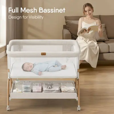 BabyBond 3-in-1 Foldable Portable Crib & Bedside Sleeper Bassinet for Baby, 6 Adjustable Height Settings, Anti-Reflux Design, Full-Mesh Sides, Ventilated Net, Wheels, Mattress & Soft Breathable Sheet, Safe for Newborn Baby Stuff,sohochic
