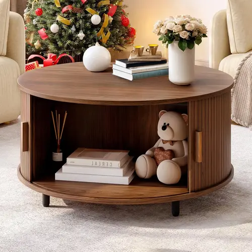 【SohoChic】ONBRILL 31.5" Round Storage Coffee Table - Fluted Wood Modern Space Saving Furniture, Living Room/Bedroom Decor, 360° Curved Sliding Door, Adjustable Footpads, Assembly Required, Mother's Day Gift Option
