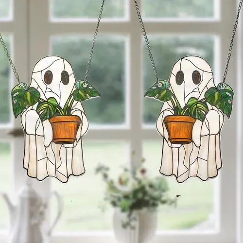 2PCS Cute Ghost Plant Suncatcher - Ghost and Monstera Acrylic Ornament, Perfect Halloween Hanging Decor, Ideal Gift for Plant Lovers and Moms,sohochic