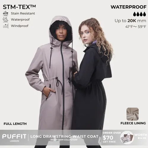 PUFFIT STM-TEX ST200 Long Length Ultra Waterproof Raincoat With Warm Brushed Lining And Drawstring Waist,High-Density Water-Resistant Material & Plush Lining,Shell Jacket,Windbreaker,Fall&Winter Jacket,Dog Walking,School Running,Womenswear,2026 Shopping