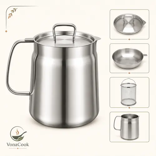 304 Stainless Steel Deep Fryer Pot with Basket & Kitchen Strainer Utensils - Large Capacity Functional Kitchen Accessory, Separates Oil from Food Debris, for Barbecuing & Camping, Easy to Clean Dishwasher Safe Bacon Grease Container, Cooking