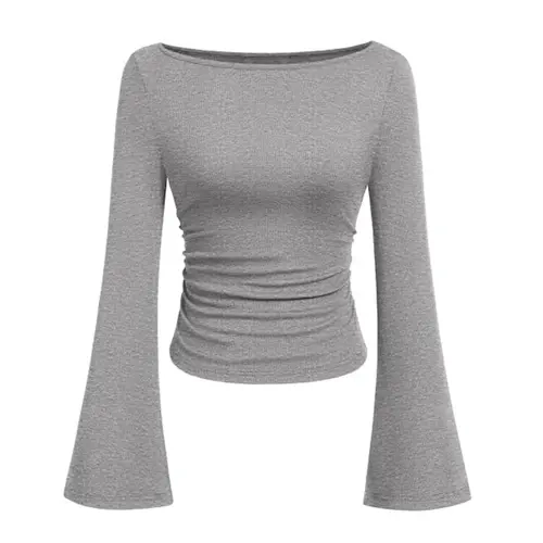 PrettyGarden Women's Long Sleeve Shirts Fall Crop Tops Casual Boat Neck Bell Sleeve Ribbed Ruched Y2K Clothes