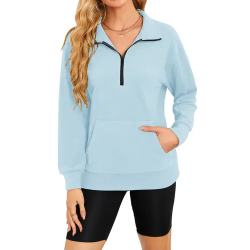 AUSELILY Women's Half Zip Sweatshirt Hoodless Hoodie Stand Collar Butter Soft Material Longsleeve Oversized Casual Style Pullover with Kangaroo Pocket Basic Minimalist Tops