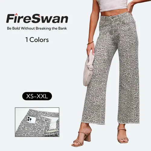 FireSwan Women’s High Waisted Leopard Print Straight Leg Ankle Jeans, Washed Denim Pants with Pockets, Casual Trendy Fall Bottoms#sohochic