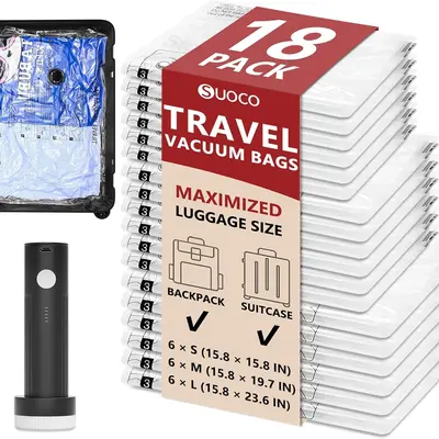 SUOCO Travel Vacuum Seal Bags Set with Rechargeable Electric Pump & Compression Packing Cubes, Airtight Re-sealable Home Supplies for Luggage Solutions, Space Saver for Flights, Back to School Haul, Vacuum Bags For Travel