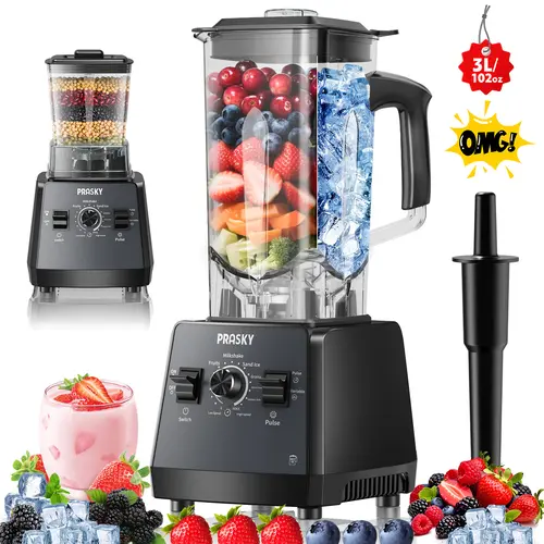 Prasky PRO 3L Blender - 3L/101OZ High-Capacity, 2400W Max/1000W, 25000RPM, BPA-Free 2 Containers, Ice Crushing, Blender for Shakes, Dishwasher Safe, Overheat Safe, Commercial Use Kitchen Appliance, Grind & Blend, Milkshake