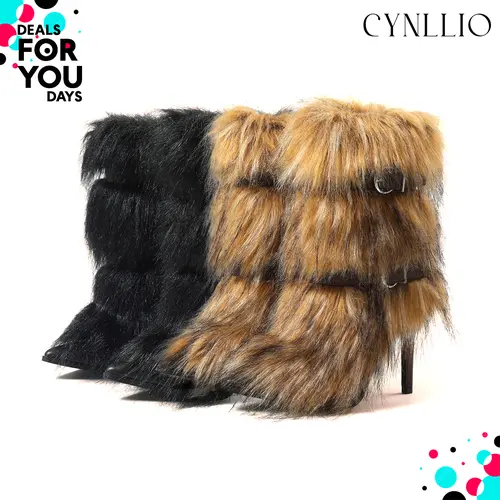 CYNLLIO Womens Mid Calf Fur Boots Pointed Toe Stiletto Heels Pull On Buckle Fur Fuzzy Fluffy Snow Boot Fashionable Outing Party Nightclub Fall Winter Chilly Day Booty Shoes