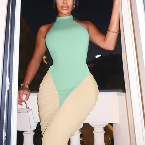 Women Summer Sexy Party Club Evening Halter Colorblock Backless Bodycon Long Dress Summer Halter Dresses
