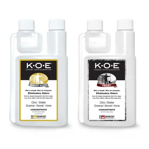K.O.E. 2 Pack - Kennel Odor Eliminator 16oz Concentrate Bundle - Pet Deodorizer, Non-Enzymatic Formula (KOE) Frost, Apricot, Fresh, Original Scents, 32 oz Total