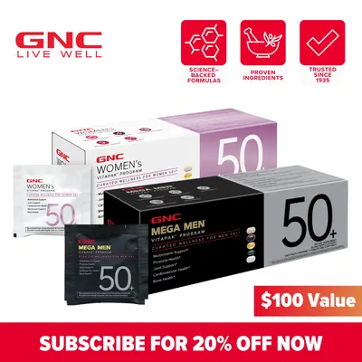 Golden Wellness Bundle: GNC Women's & Mega Men's 50+ Vitapak 5-in-1 Multivitamin Dietary Supplement, Energy Production, Menopause (Hormone Health), Prostate, Heart Health Support, Cardiovascular, Joint & Bone Support, Heart Health Support Vitamins Supplem