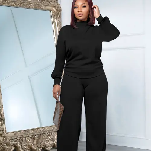 USBoutiqueCHIC Women's 2026 Chic Fall Winter Silky Soft 2-Piece Set - Long Sleeve Semi High Neck Loose Top & Wide Leg Pants, Casual Cozy Outfit for Daily Wear
