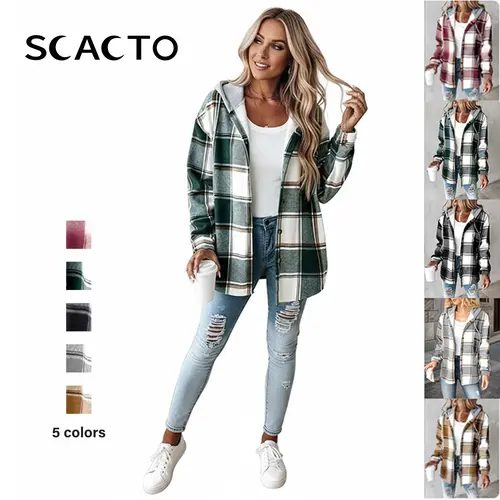 SCACTO Women's Plaid Hooded Collared Neck Fleece-Lined Shacket - Longsleeves Button-Down Tops Coat, Warm Lightweight Soft Fabric, Chic Plus-Size, 5 Colors, Elevated Casual Overshirt, Grey & Brown Grid with Metallic Accents,sohochic