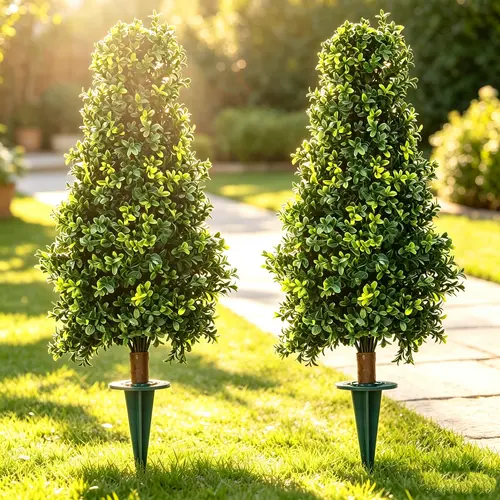 Two Artificial UV Rated 30'' Boxwood Cone Topiary w/Spike, Silk Tree Warehouse Indoor Outdoor Tree Bush Ball Plant Evergreen Pine