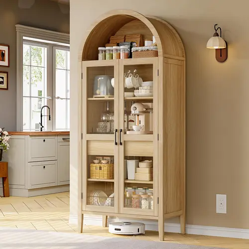 【SohoChic】ONBRILL 71" Tall Arched Cabinet, 5-Tier Arched Kitchen Pantry with Glass Doors & Drawer, Modern Display Pantry Cabinets with Adjustable Feet, Wooden Pantry for Kitchen, Living Room Furniture, Dining Room Furniture